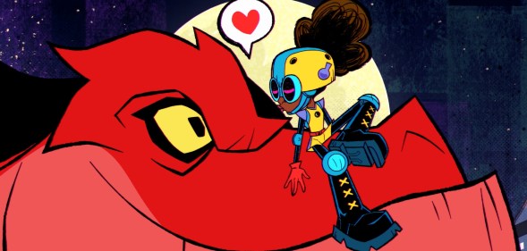 Moon Girl and Devil Dinosaur still, a young girl kissing the head of a huge red dinosaur