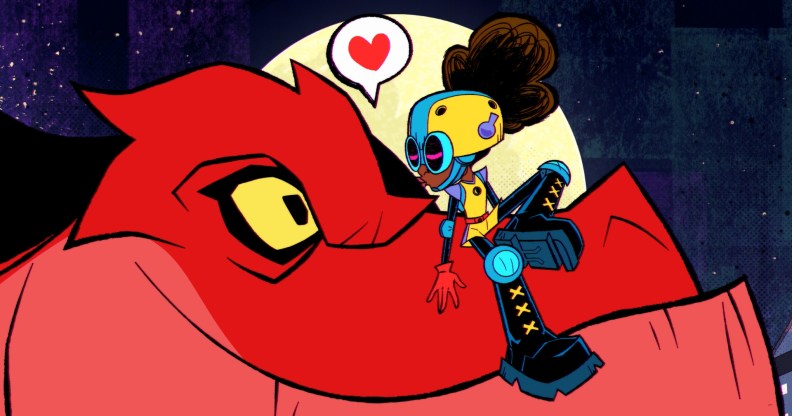 Moon Girl and Devil Dinosaur still, a young girl kissing the head of a huge red dinosaur