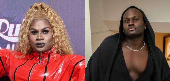 On the left, LaLa Ri in drag on a red carpet in a red outfit. On the right, LaLaRi out of drag in a black hooded top with chest out.