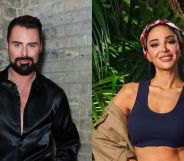 Rylan Clark in a black shirt standing against a brick wall, and Tulisa in a crop top with a beadbacks and shirt around her arms against jungle leaves.