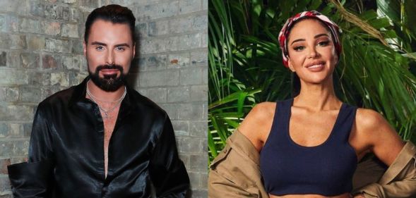 Rylan Clark in a black shirt standing against a brick wall, and Tulisa in a crop top with a beadbacks and shirt around her arms against jungle leaves.