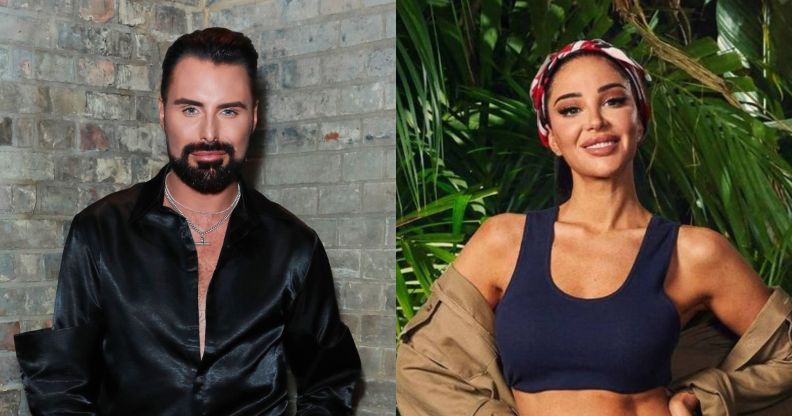 Rylan Clark in a black shirt standing against a brick wall, and Tulisa in a crop top with a beadbacks and shirt around her arms against jungle leaves.