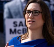 Sarah McBride speaking at a rally.