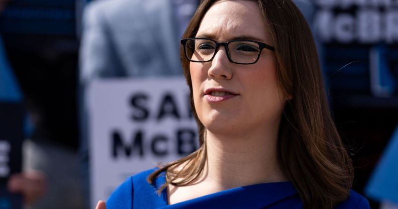 Sarah McBride speaking at a rally.