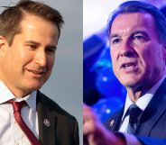 A split image of Seth Moulton, left, and Tom Suozzi, right.