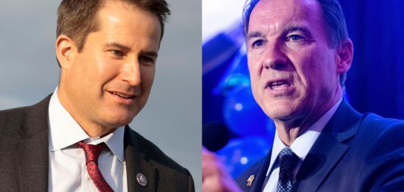 A split image of Seth Moulton, left, and Tom Suozzi, right.