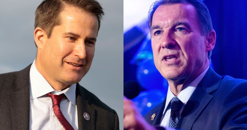 A split image of Seth Moulton, left, and Tom Suozzi, right.