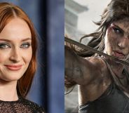 An image of Sophie Turner in 2023 on a red carpet an animated hero lara croft