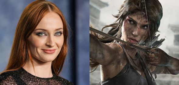 An image of Sophie Turner in 2023 on a red carpet an animated hero lara croft