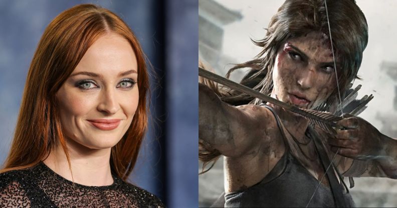 An image of Sophie Turner in 2023 on a red carpet an animated hero lara croft