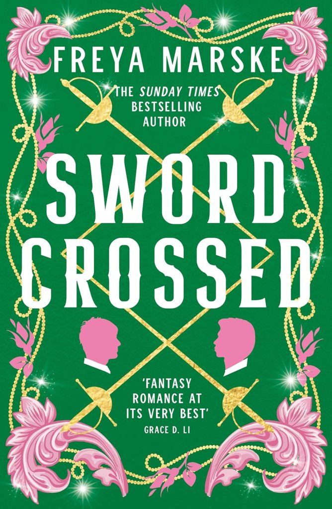 green background with crossed golden swords and beading framing the edges