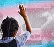 A person raising their hand in a classroom with a trans flag overlayed on the image.