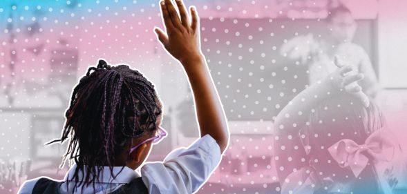 A person raising their hand in a classroom with a trans flag overlayed on the image.