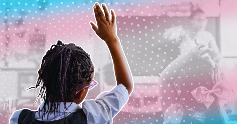 A person raising their hand in a classroom with a trans flag overlayed on the image.