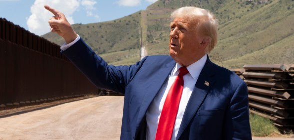 SIERRA VISTA, ARIZONA - AUGUST 22: Republican Presidential Candidate and former President Donald Trump walks along the U.S.-Mexico border on August 22, 2024 south of Sierra Vista, Arizona. Trump will hold a rally in Glendale, Arizona tomorrow. (Photo by Rebecca Noble/Getty Images)