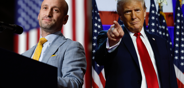 Split photo of Stephen Miller and Donald Trump.