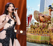 Split photo of Idina Menzel and Macy's Thanksgiving Day Parade.