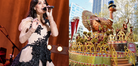 Split photo of Idina Menzel and Macy's Thanksgiving Day Parade.