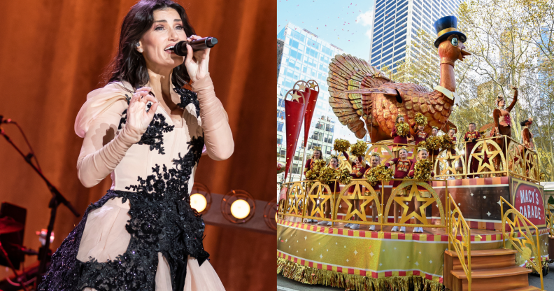 Split photo of Idina Menzel and Macy's Thanksgiving Day Parade.