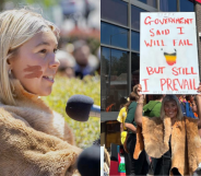 Split photo of Palawa woman Maggie Blanden, and Blanden holding a sign which reads, "Government said I will fail but still I prevail."