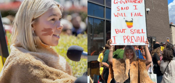 Split photo of Palawa woman Maggie Blanden, and Blanden holding a sign which reads, "Government said I will fail but still I prevail."