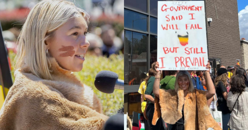 Split photo of Palawa woman Maggie Blanden, and Blanden holding a sign which reads, "Government said I will fail but still I prevail."