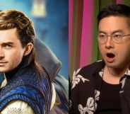 On the left, Jonathan Bailey's character poster for Fiyero in Wicked. On the right, Bowen Yang with his jaw dropped in shock during a junket interview