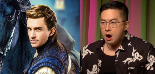 On the left, Jonathan Bailey's character poster for Fiyero in Wicked. On the right, Bowen Yang with his jaw dropped in shock during a junket interview