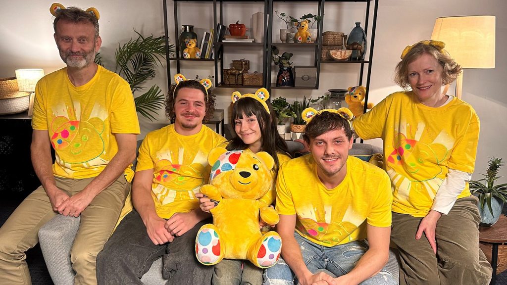 The cast of Outnumbered wearing Children in Need pudsey bear t-shirts. (From left to right) Hugh Dennis, Daniel Roche, Ramona Marquez, Tyger Drew-Honey, and Claire Skinner.