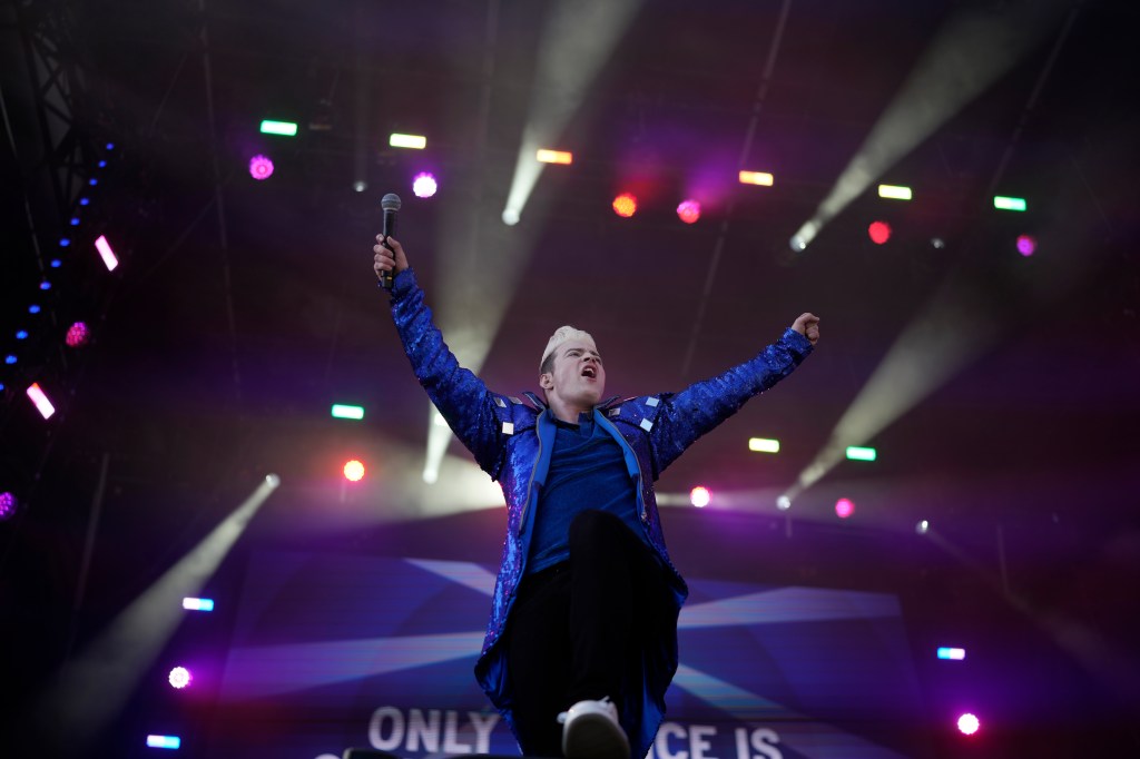 Edward Grimes, on half of the duo Jedward, on stage during Eurovision