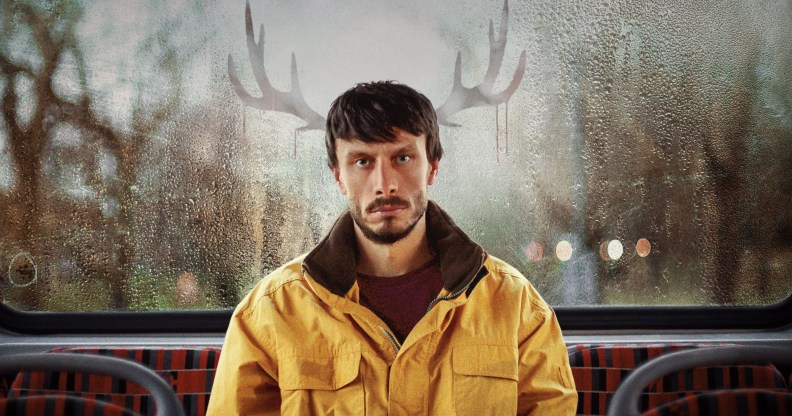 Baby Reindeer creator Richard Gadd sitting on the bus with antlers on the window from condensation