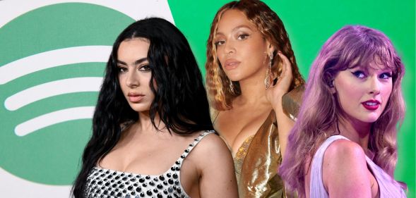 An image featuring Charli XCX, Beyonce, Taylor Swift against a green background with the Spotify logo on it amid Spotify Wrapped 2024