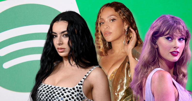 An image featuring Charli XCX, Beyonce, Taylor Swift against a green background with the Spotify logo on it amid Spotify Wrapped 2024