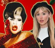 A red background with images of Christmas presents and trees on it, with Diana Vickers on the right and Danny Beard on the left posing