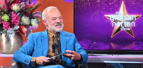 The Graham Norton Show, Graham Norton, in a blue suit, sitting next to a screen with the show name.