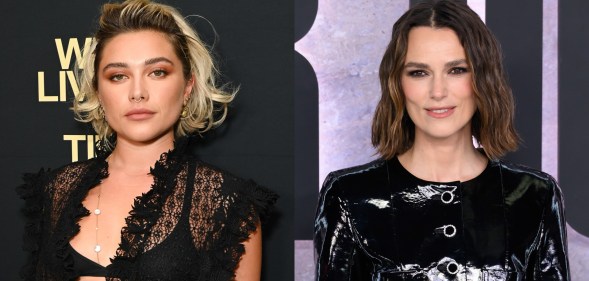 Images of Florence Pugh and Kiera Knightley on seperate red carpets. Pugh is in a lacy top and bra while Knightley is in a black buttoned up dress.