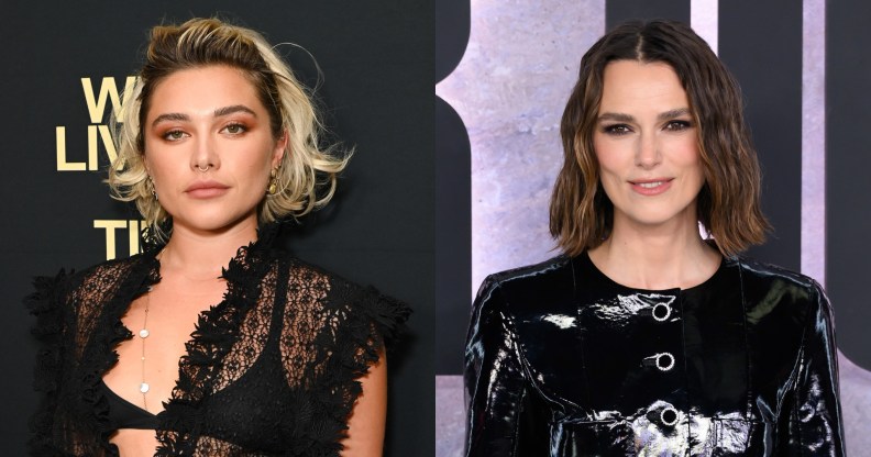 Images of Florence Pugh and Kiera Knightley on seperate red carpets. Pugh is in a lacy top and bra while Knightley is in a black buttoned up dress.