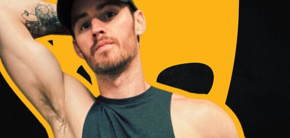 Dan Benson photoshopped infront of the Grindr logo.