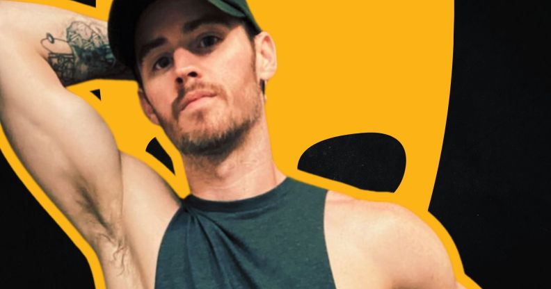 Dan Benson photoshopped infront of the Grindr logo.