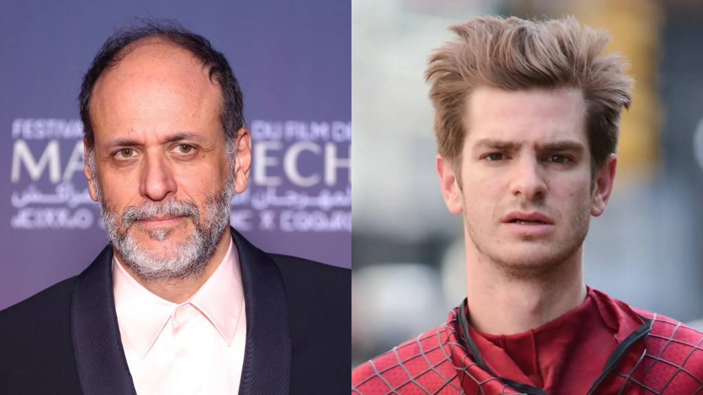 Luca Guadagnino at the Marrakech International Film Festival and Andrew Garfield on set of Spider Man in the iconic red suit.