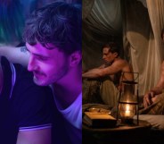 All of Us Strangers and Queer stills: Andrew Scott being cuddled by Paul Mescal. Then Drew Starkey and Daniel Craig sat topless in a big tent.