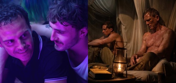 All of Us Strangers and Queer stills: Andrew Scott being cuddled by Paul Mescal. Then Drew Starkey and Daniel Craig sat topless in a big tent.