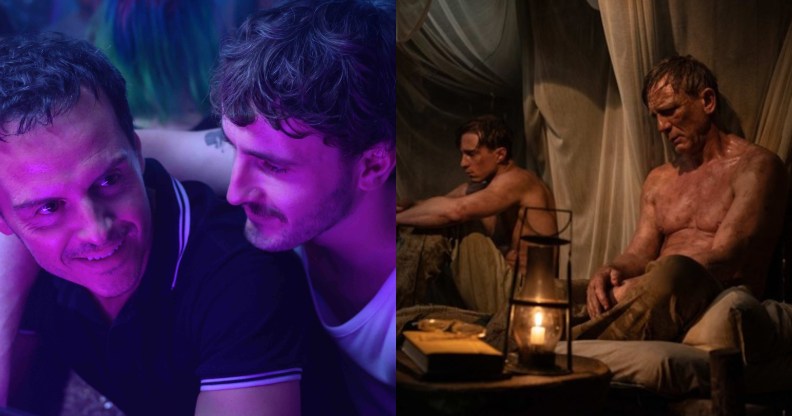 All of Us Strangers and Queer stills: Andrew Scott being cuddled by Paul Mescal. Then Drew Starkey and Daniel Craig sat topless in a big tent.