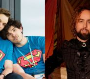 On the left, an image of Fra Fee and Siôn Daniel Young in Lost Boys & Fairies, leaning on each other wearing blue superman shirts. On the right, the show's creator Daf James poses in a black shirt.