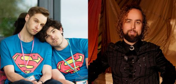 On the left, an image of Fra Fee and Siôn Daniel Young in Lost Boys & Fairies, leaning on each other wearing blue superman shirts. On the right, the show's creator Daf James poses in a black shirt.