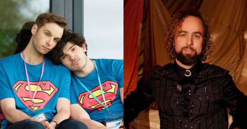 On the left, an image of Fra Fee and Siôn Daniel Young in Lost Boys & Fairies, leaning on each other wearing blue superman shirts. On the right, the show's creator Daf James poses in a black shirt.