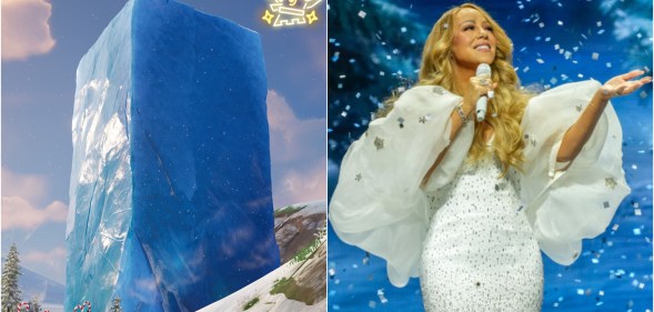 A giant block of ice and Mariah Carey, opposite each other. Mariah is wearing a white puff sleeved gown.