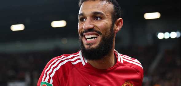 Noussair Mazraoui of Manchester United smiling.