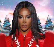 Tayce in a red, puffy sleeved dress, against a snowy background