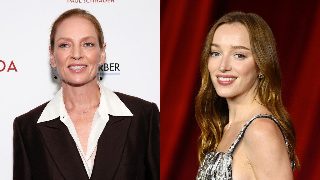 Uma Thurman and Phoebe Dynevor in seperte photos on a red carpet